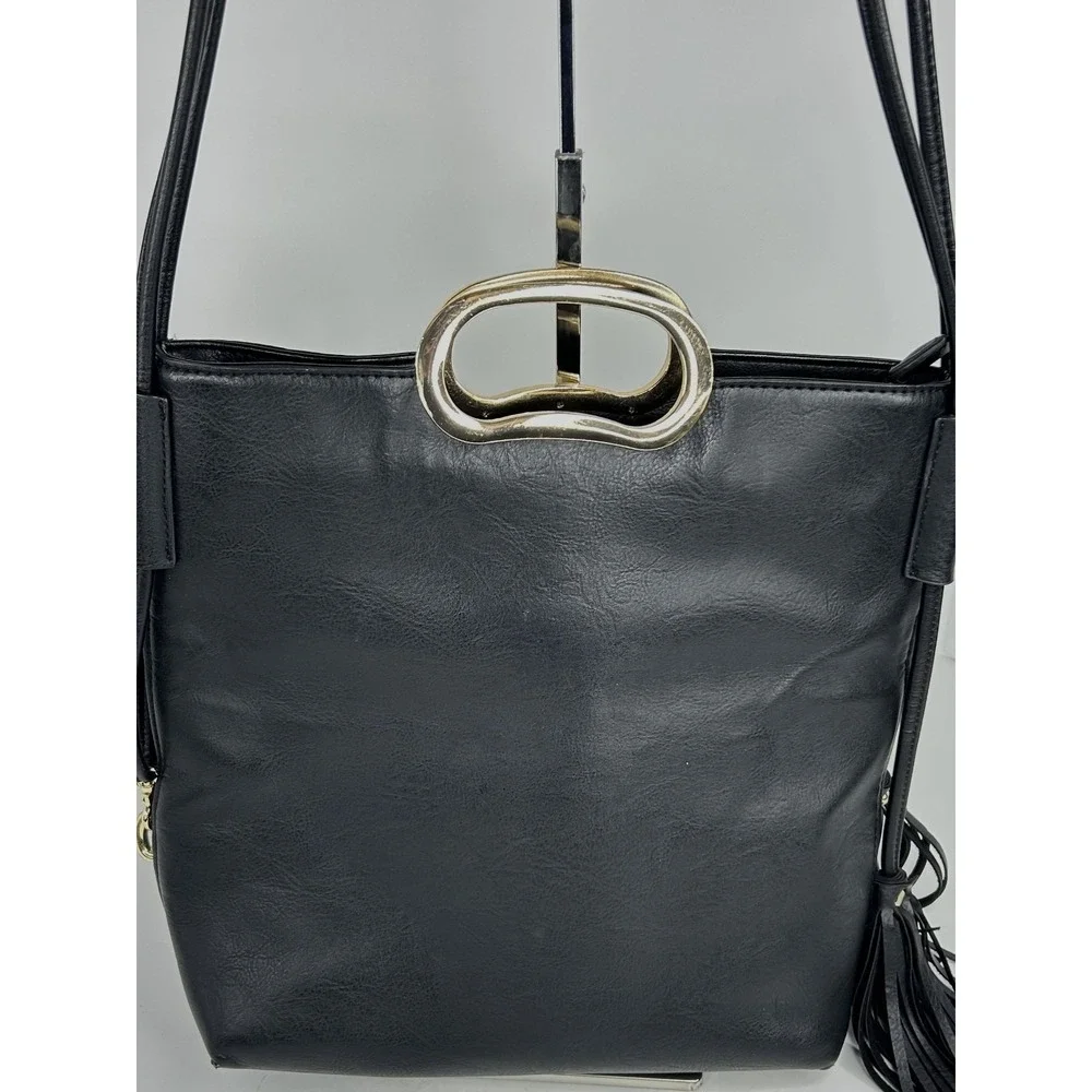 Black Faux Leather Purse Medium Crossbody Metal Handles Chic Inspired Zip Pocket